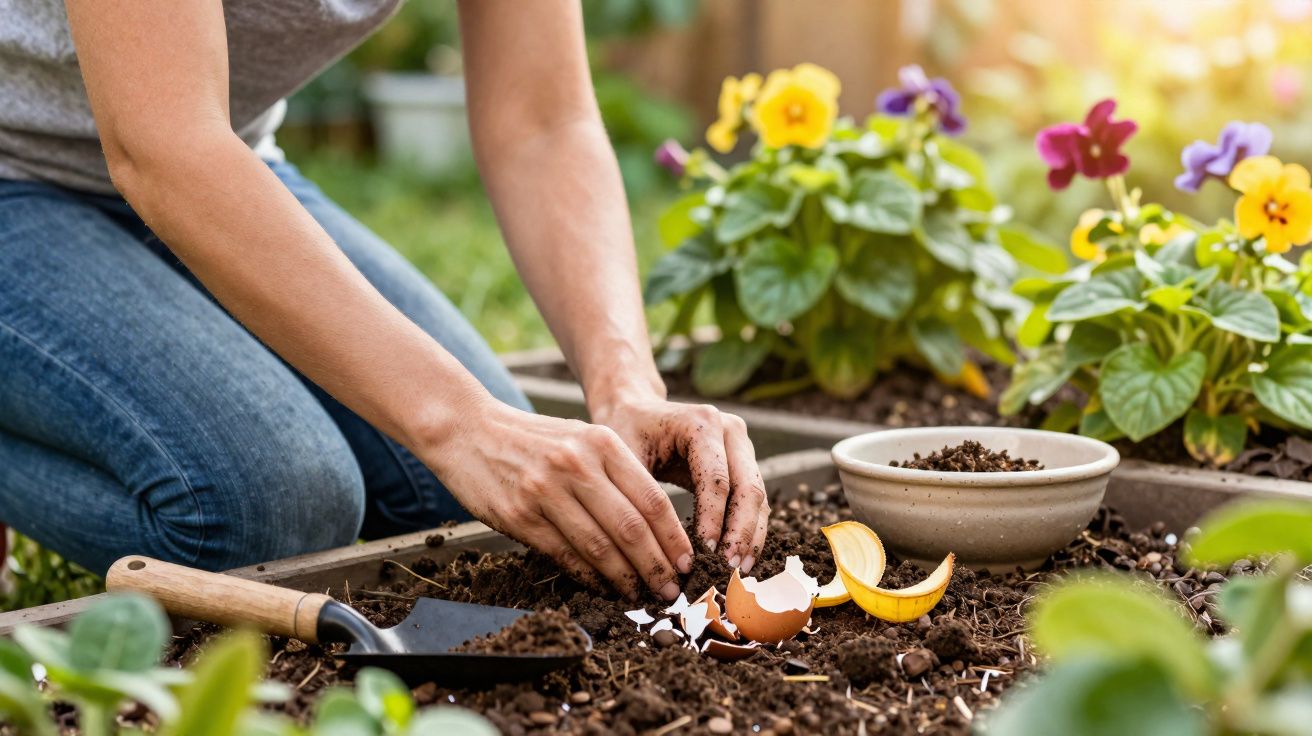 Pessoa a plantar na terra com cascas de ovo e uma colher de jardinagem ao lado, flores coloridas ao fundo.