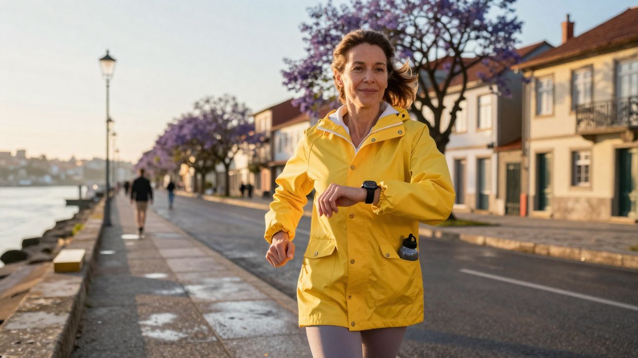 Mulher a correr numa rua junto a rio com casaco amarelo, a verificar relógio, árvores floridas ao fundo.