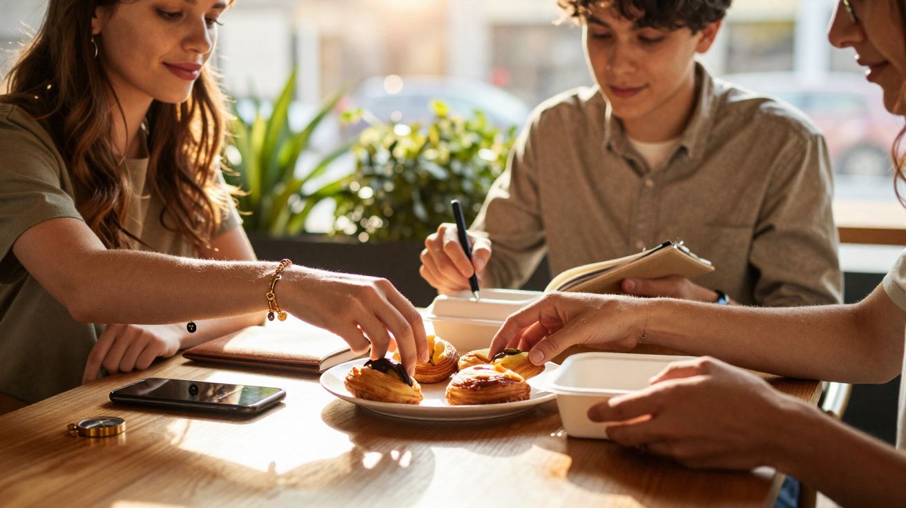 Três jovens à mesa a partilhar pastelaria numa cafetaria iluminada pelo sol.