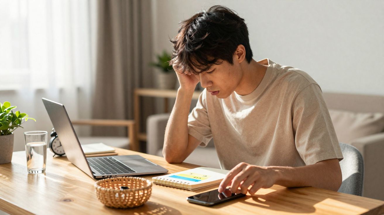 Jovem sentado numa mesa com computador portátil, caderno e smartphone, aparentando estar concentrado ou preocupado.