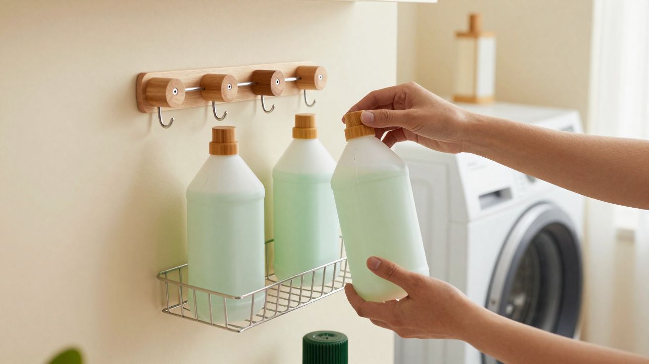 Mãos seguram frasco de detergente líquido verde em prateleira metálica numa lavandaria com máquina de lavar ao fundo.