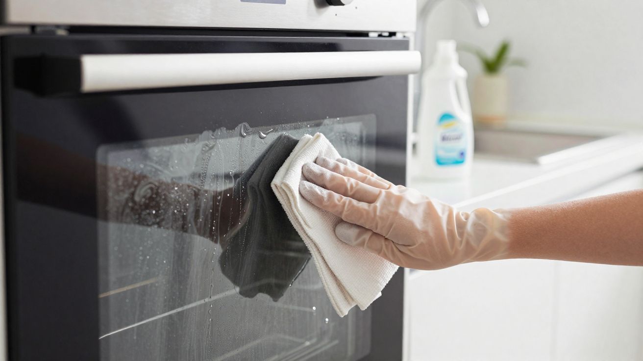 Pessoa a limpar a porta de vidro de um forno com um pano branco, usando luvas de borracha cor de pele.