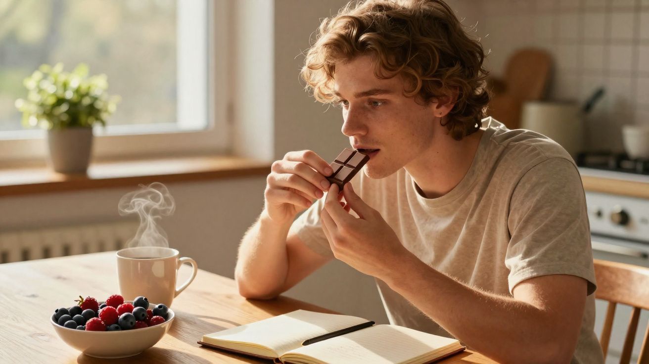 Jovem a comer chocolate sentado à mesa com chá, frutos vermelhos e um caderno aberto numa cozinha iluminada.