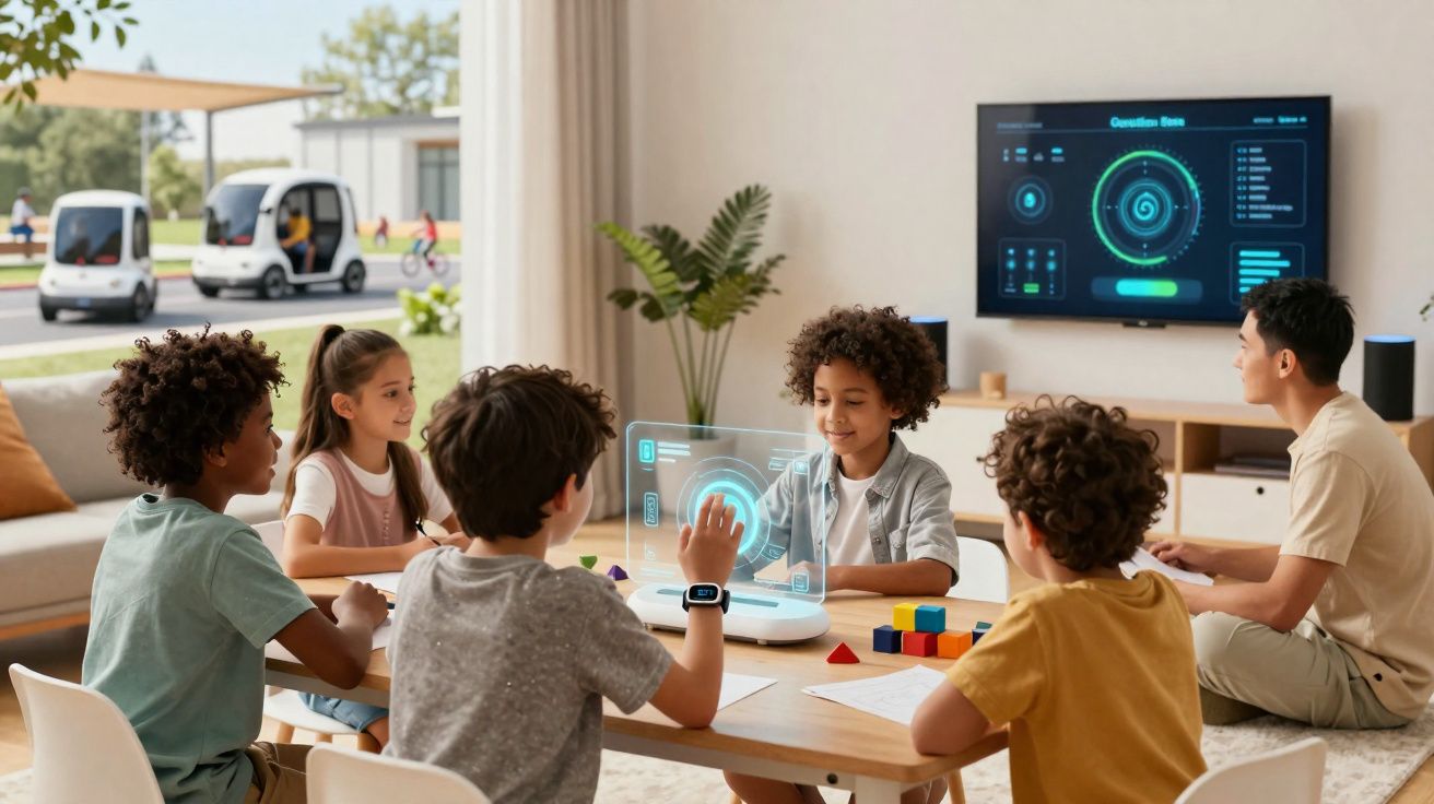 Crianças numa sala interagindo com tecnologia educativa holográfica com adulto a acompanhar.