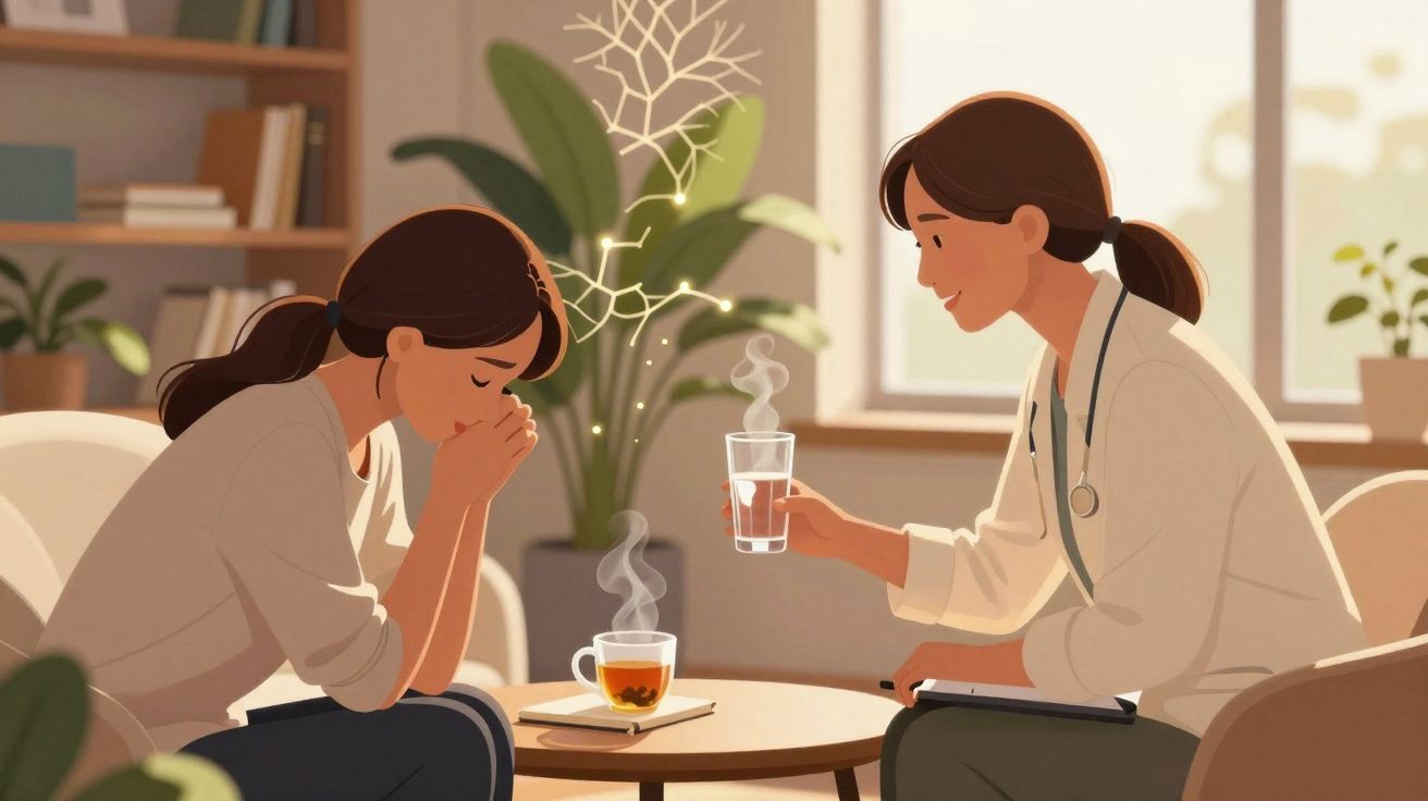 Paciente sentada a chorar com terapeuta a oferecer copo de água numa consulta num ambiente calmo.