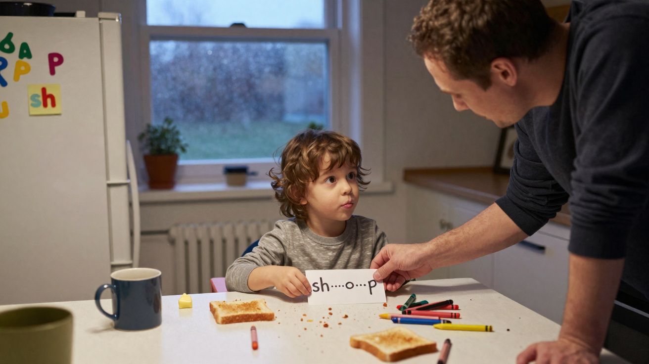 Criança e adulto a praticar leitura com cartão de educação na cozinha, com torradas e lápis de cor sobre a mesa.