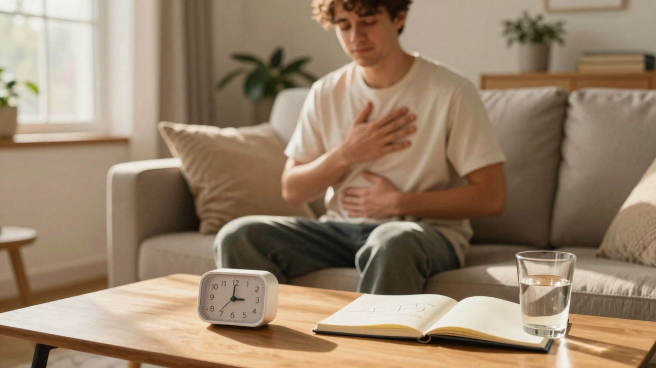 Jovem sentado no sofá com mão no peito e na barriga, aparentando desconforto ou dor.