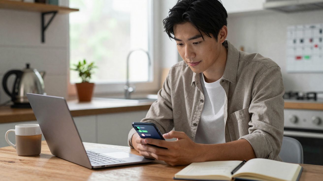 Homem sentado à mesa a usar telemóvel, com computador portátil e caderno aberto numa cozinha moderna.