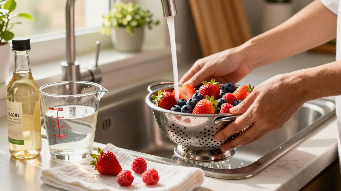 Pessoa a lavar morangos e mirtilos numa peneira metálica na cozinha iluminada.