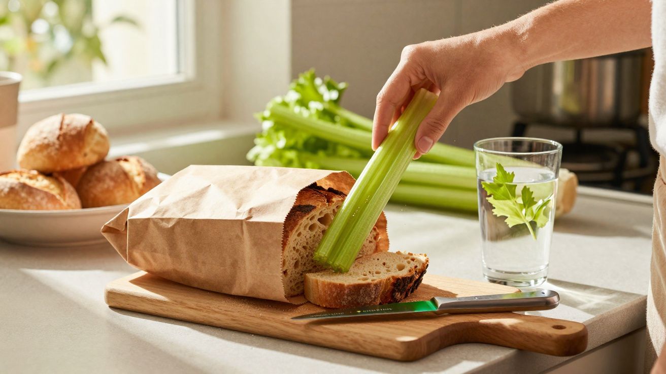 Pessoa a segurar talo de aipo num pão fatiado numa tábua de madeira numa cozinha iluminada.