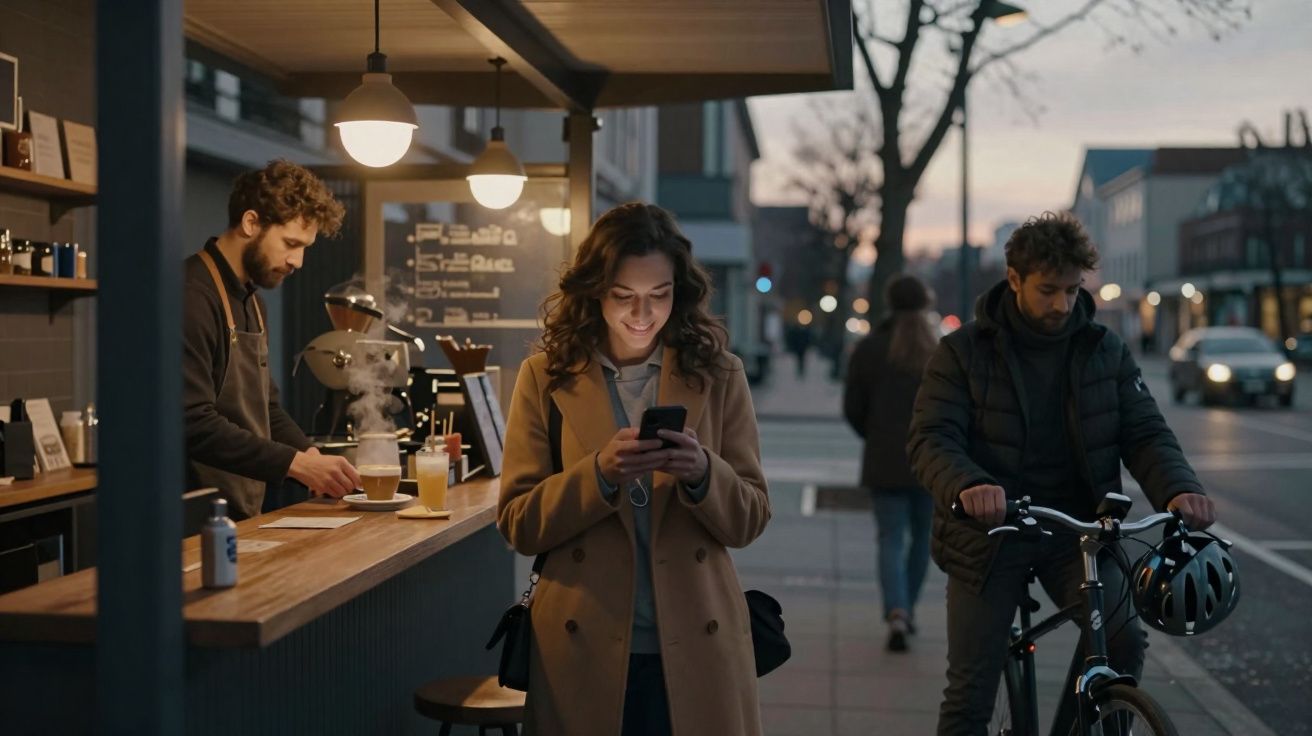 Mulher sorridente a usar telemóvel junto a cafetaria com barista e homem de bicicleta ao final da tarde.