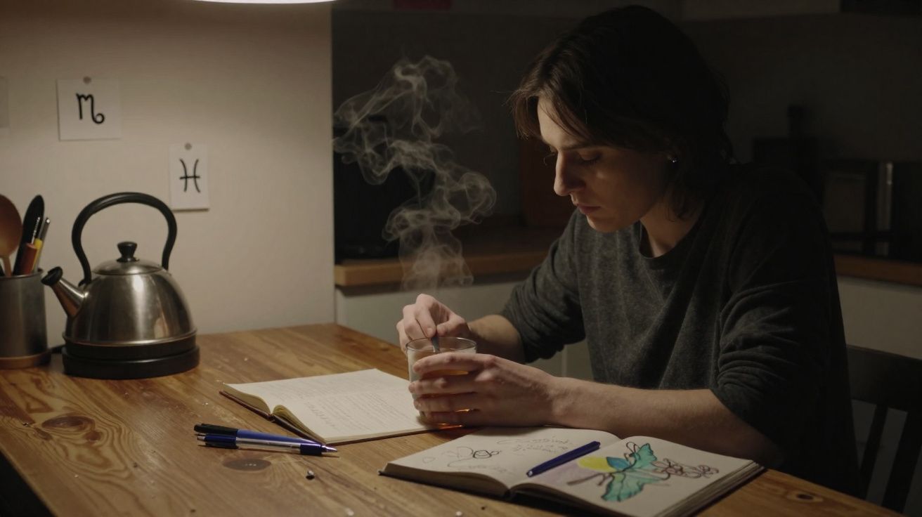 Pessoa sentada a beber chá quente e a desenhar num caderno iluminado por luz suave numa cozinha.
