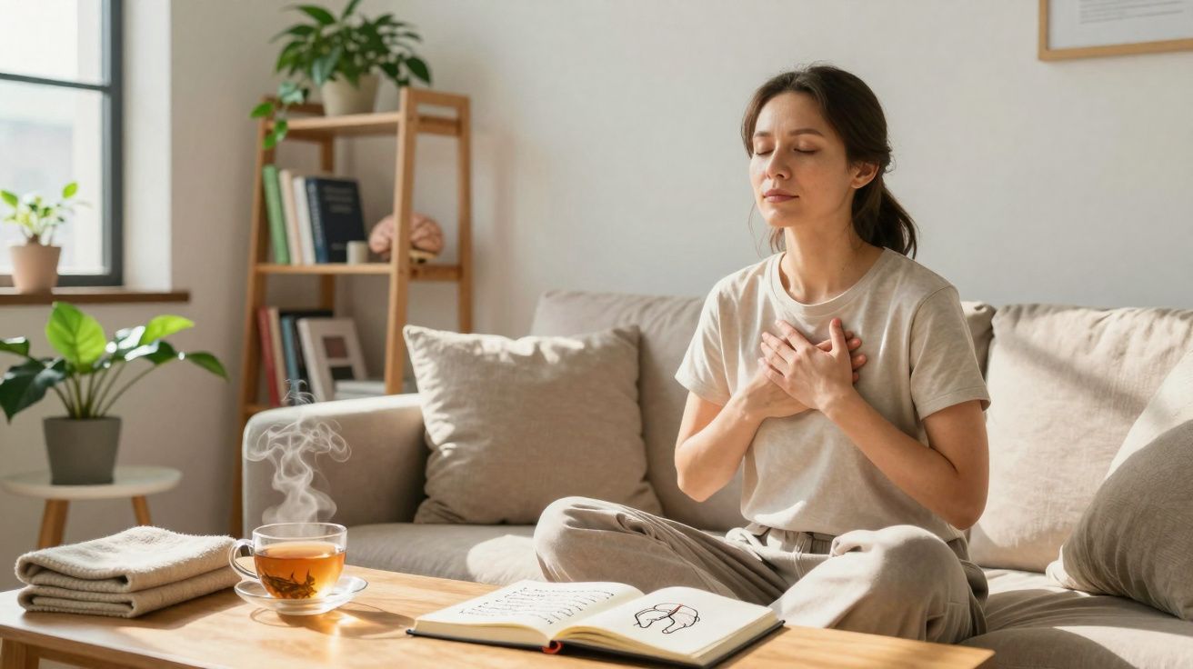 Mulher sentada no sofá a meditar com as mãos no peito, chá quente e livro na mesa à frente.