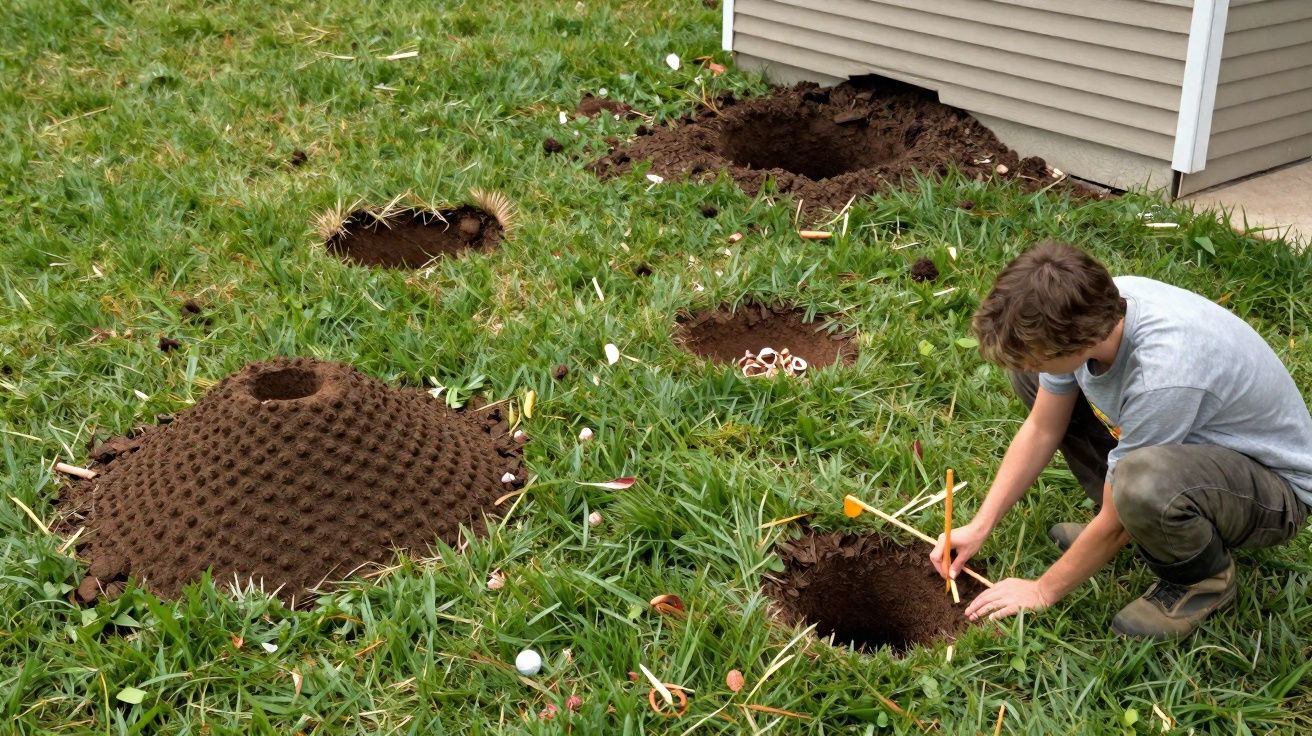 Criança desenha em buraco no chão perto de colónias de formigas em relvado verde junto a casa.