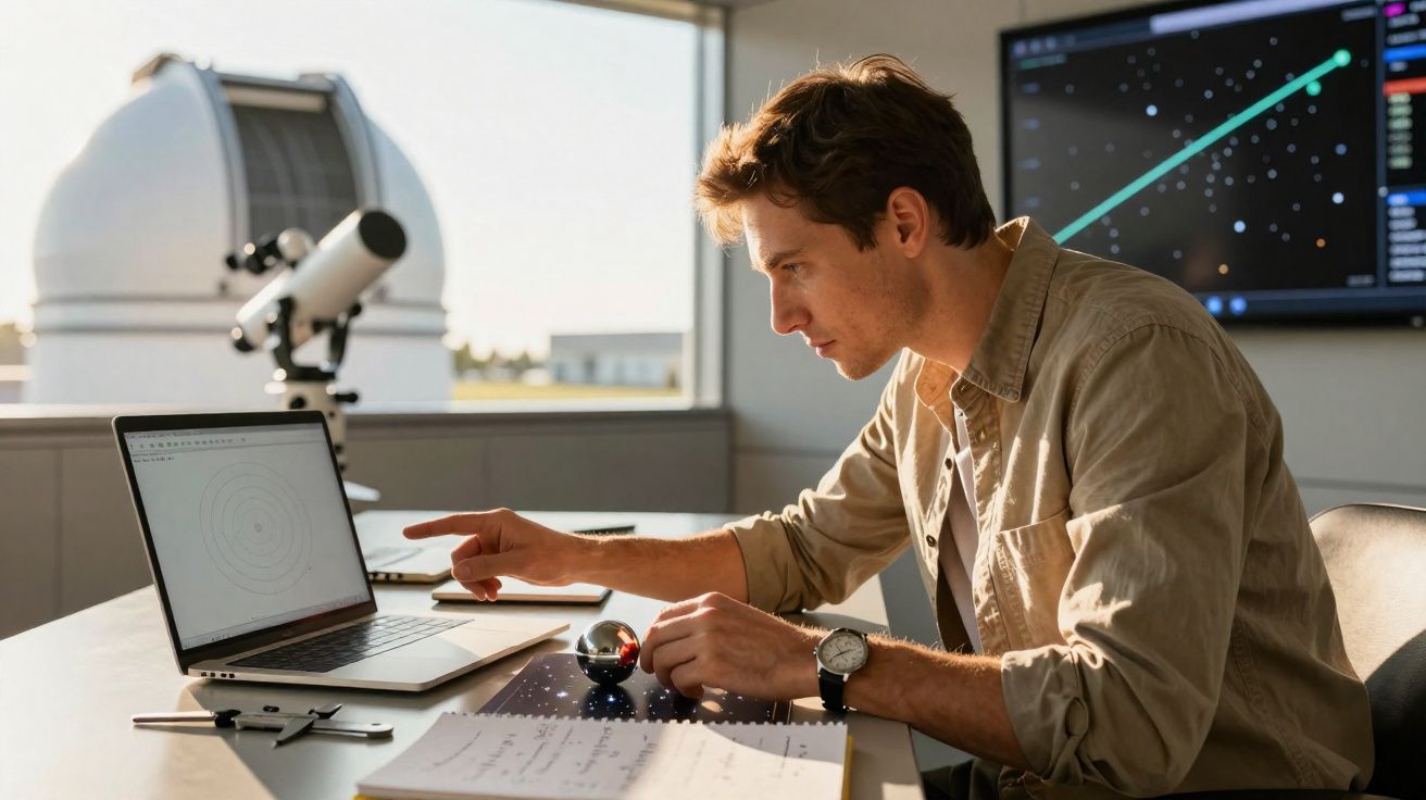 Jovem a trabalhar num computador com gráficos, telescópio e prancheta numa sala iluminada.