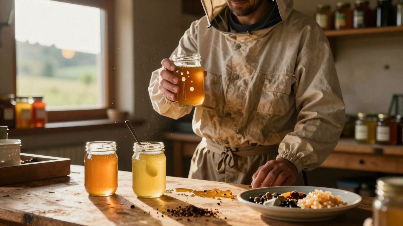 Apicultor a segurar frasco de mel em ambiente rústico com frascos e colmeias ao fundo.