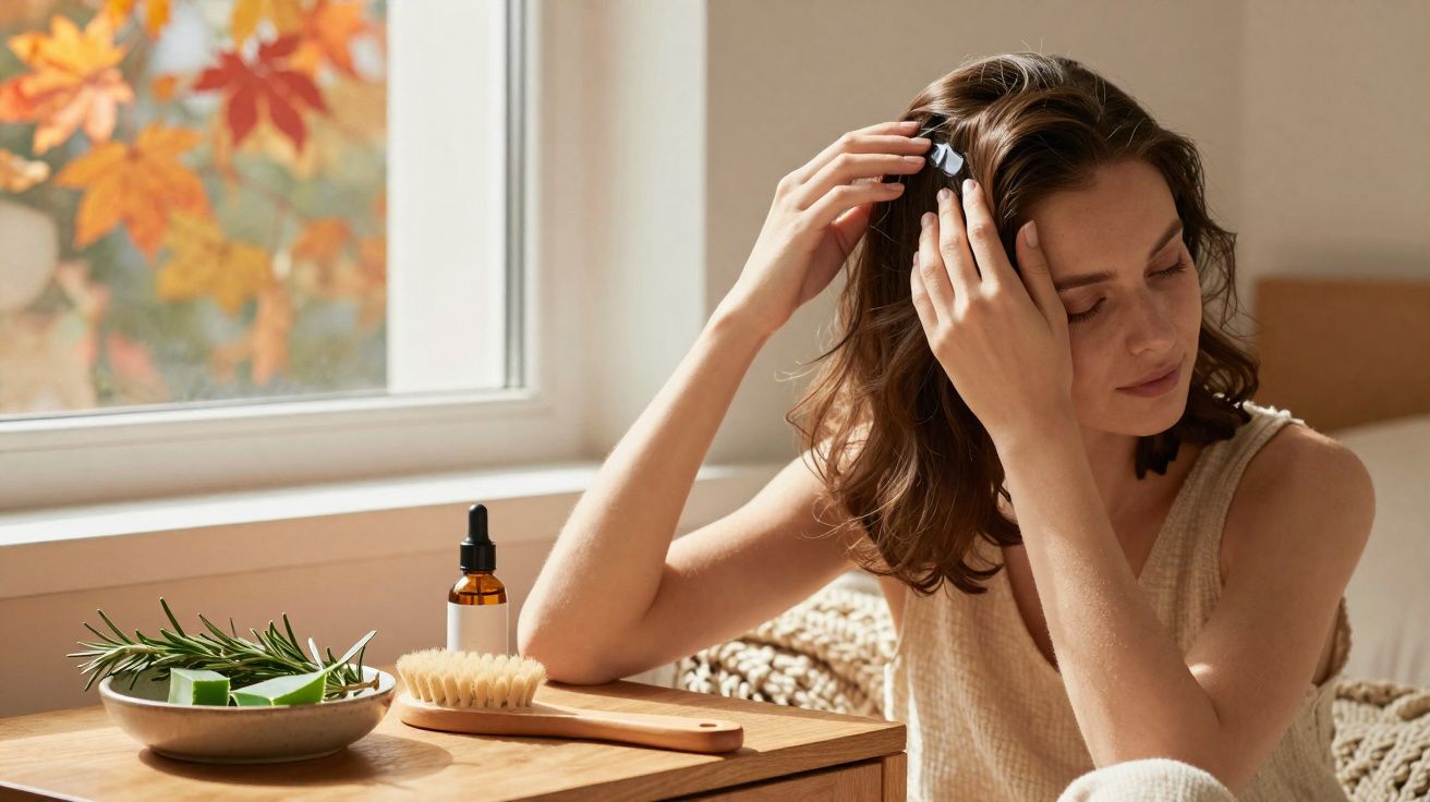 Mulher a pentear o cabelo sentado perto de uma mesa com produtos naturais e uma janela com folhas de outono.