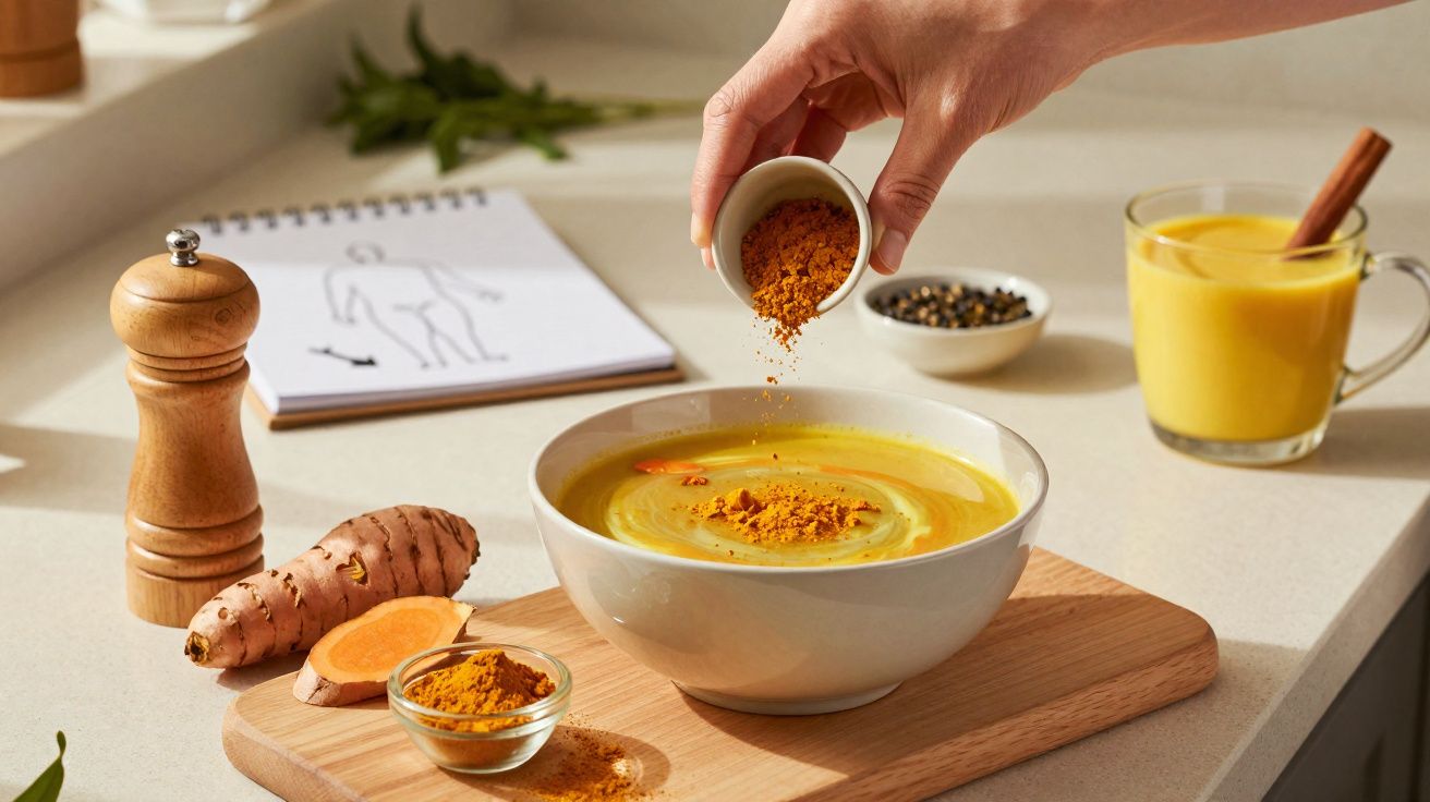 Mão a polvilhar açafrão numa tigela de sopa cremosa ao lado de curcuma fresca e moedor de pimenta.