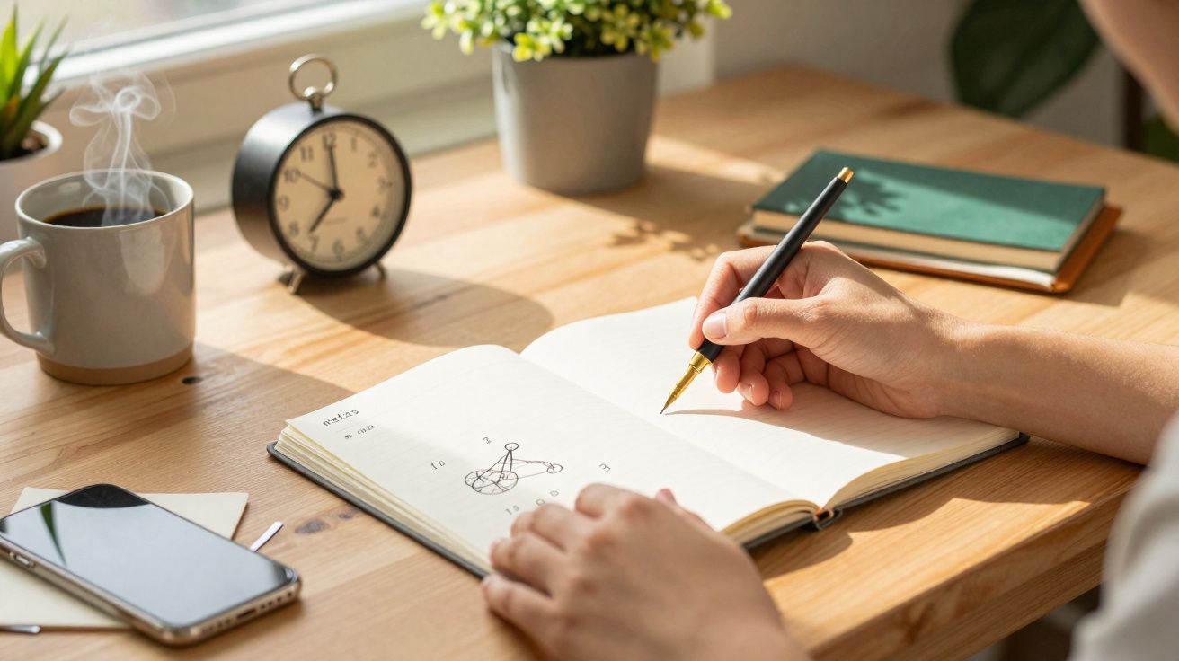 Pessoa a desenhar num caderno aberto numa secretária com relógio, telemóvel, chá quente e plantas decorativas.