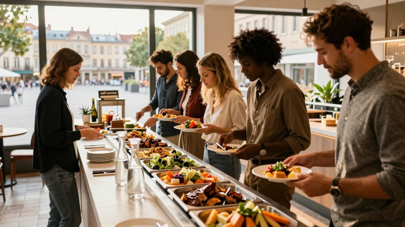 Grupo de jovens a servir-se num buffet de comida saudável numa cafetaria moderna.