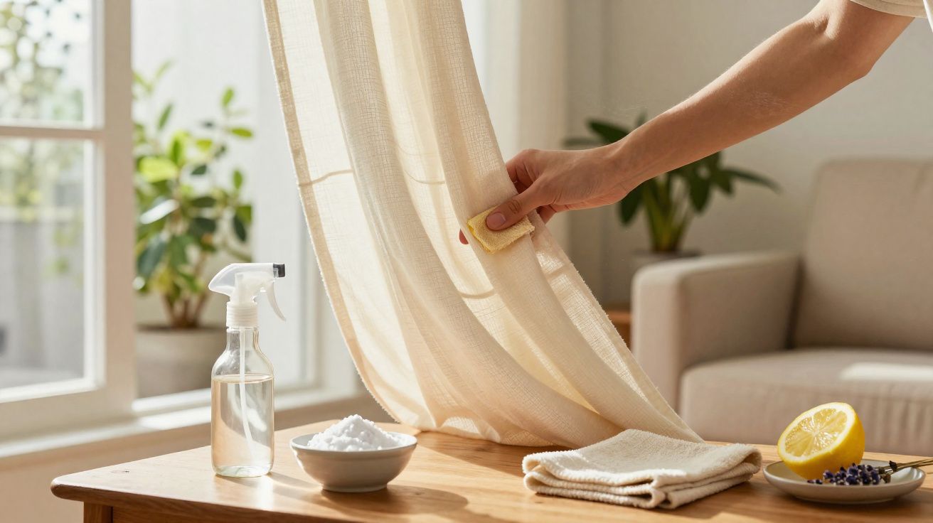 Mão a limpar cortina branca com esponja, spray, vinagre, limão e toalhas num ambiente iluminado e acolhedor.