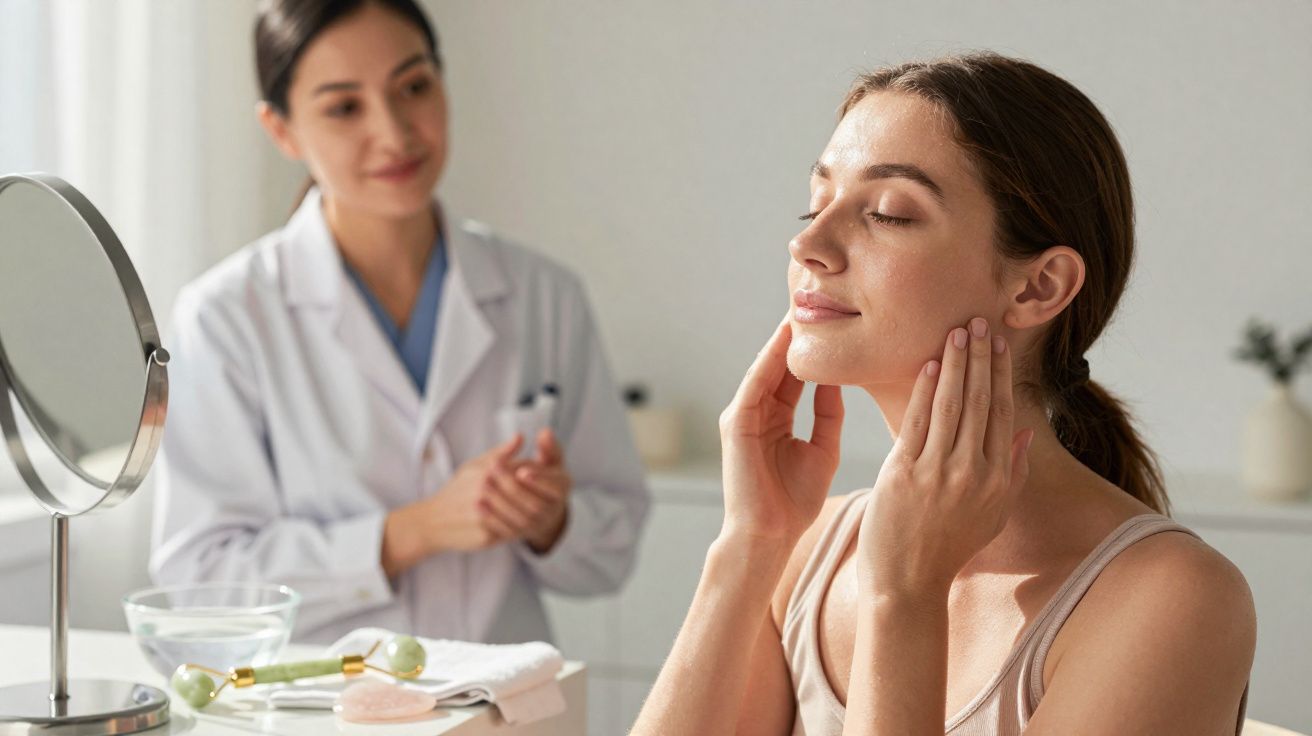 Mulher a cuidar da pele do rosto enquanto profissional de saúde observa em consultório.