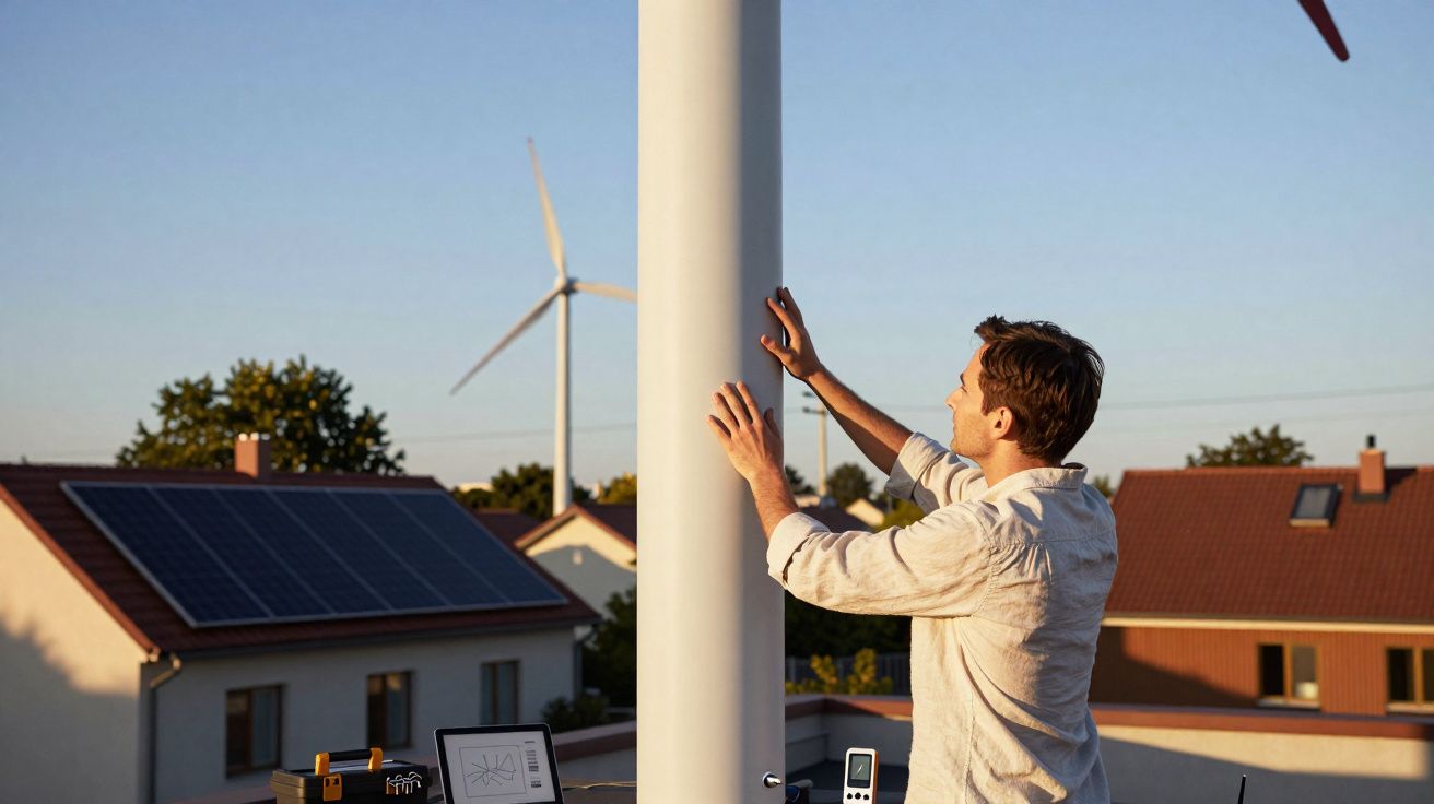Homem a inspecionar turbina eólica num telhado com casas solares ao fundo ao entardecer.