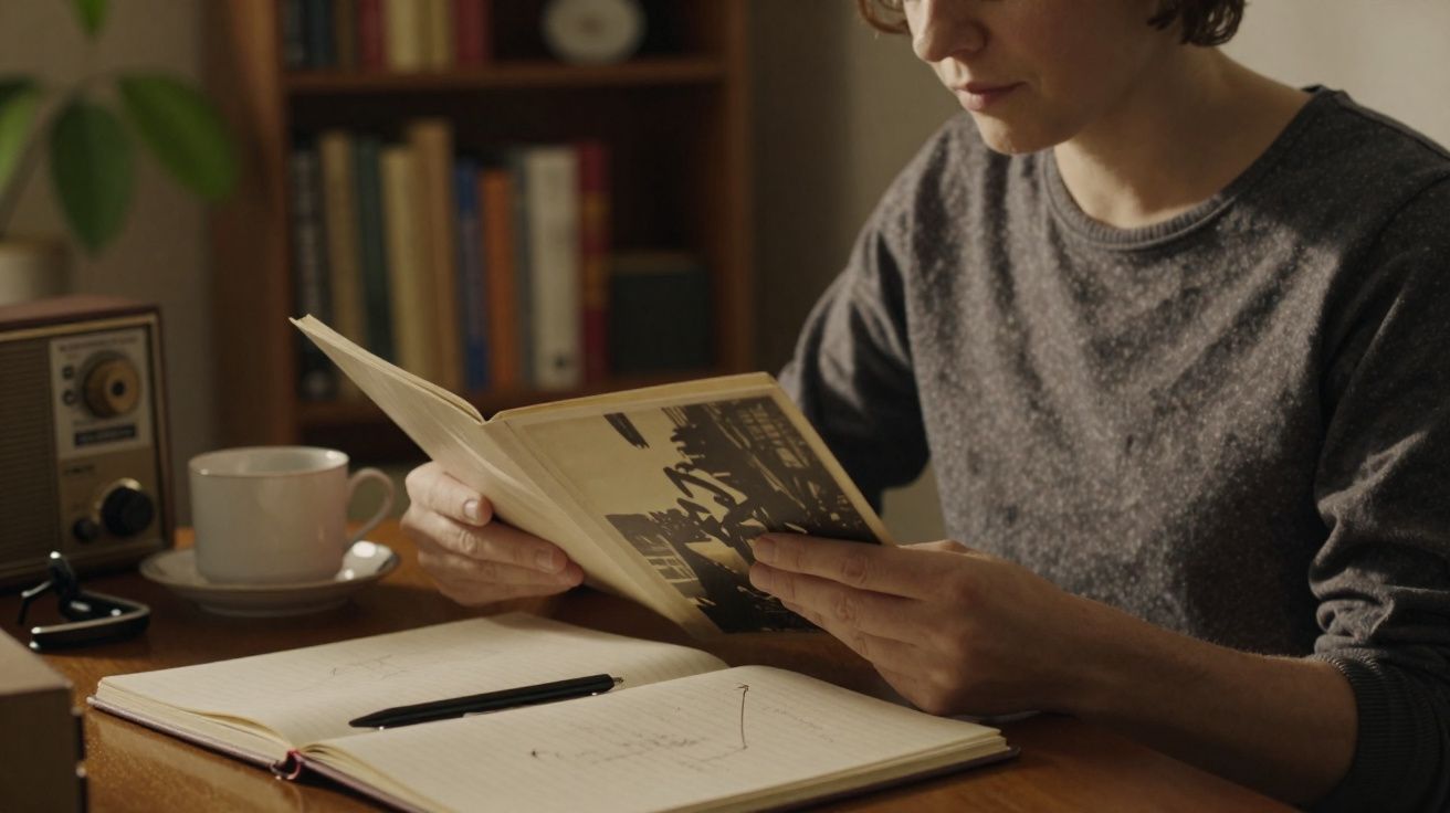 Pessoa a ler um livro em cima de uma mesa com caderno aberto, caneta, rádio antigo e chávena.