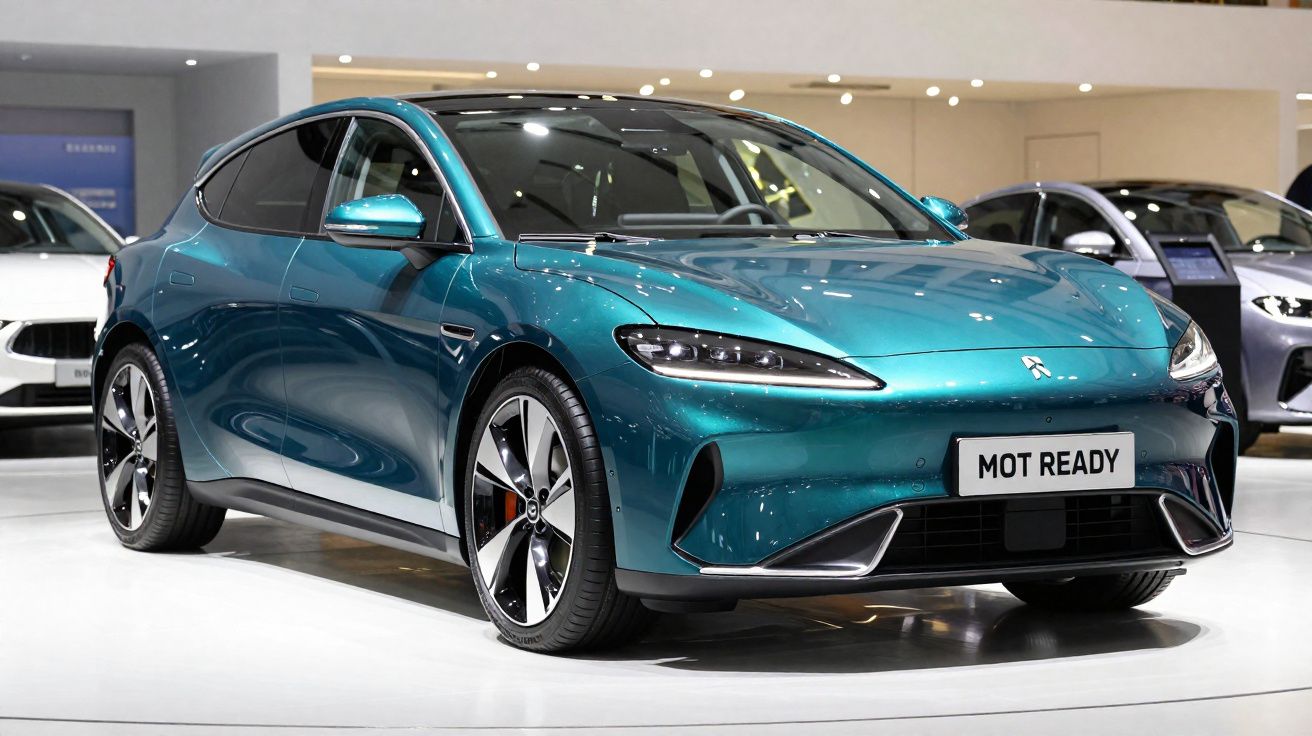 Carro elétrico azul metálico exposto em salão automóvel com rodas desportivas e luzes LED.