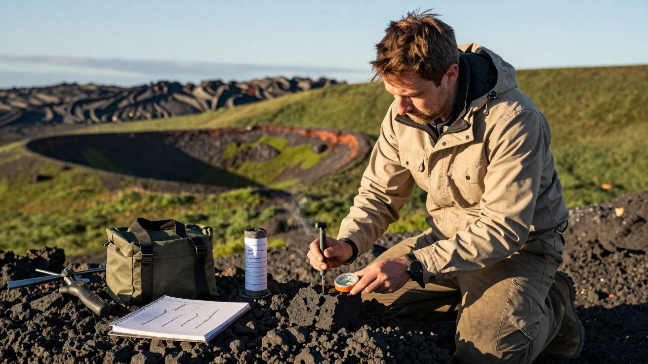 Homem em roupa de campo analisa amostra de solo vulcânico numa paisagem de colina verde.
