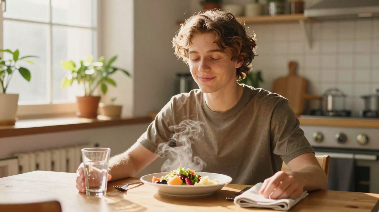Jovem sentado à mesa de cozinha com prato de comida quente e copo de água, sorrindo suavemente.