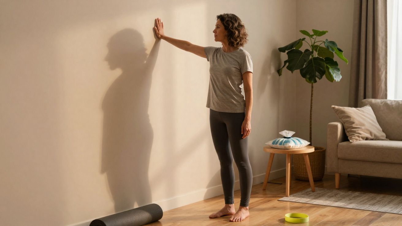 Mulher a fazer alongamento com a mão na parede numa sala de estar com tapete, sofá e planta.