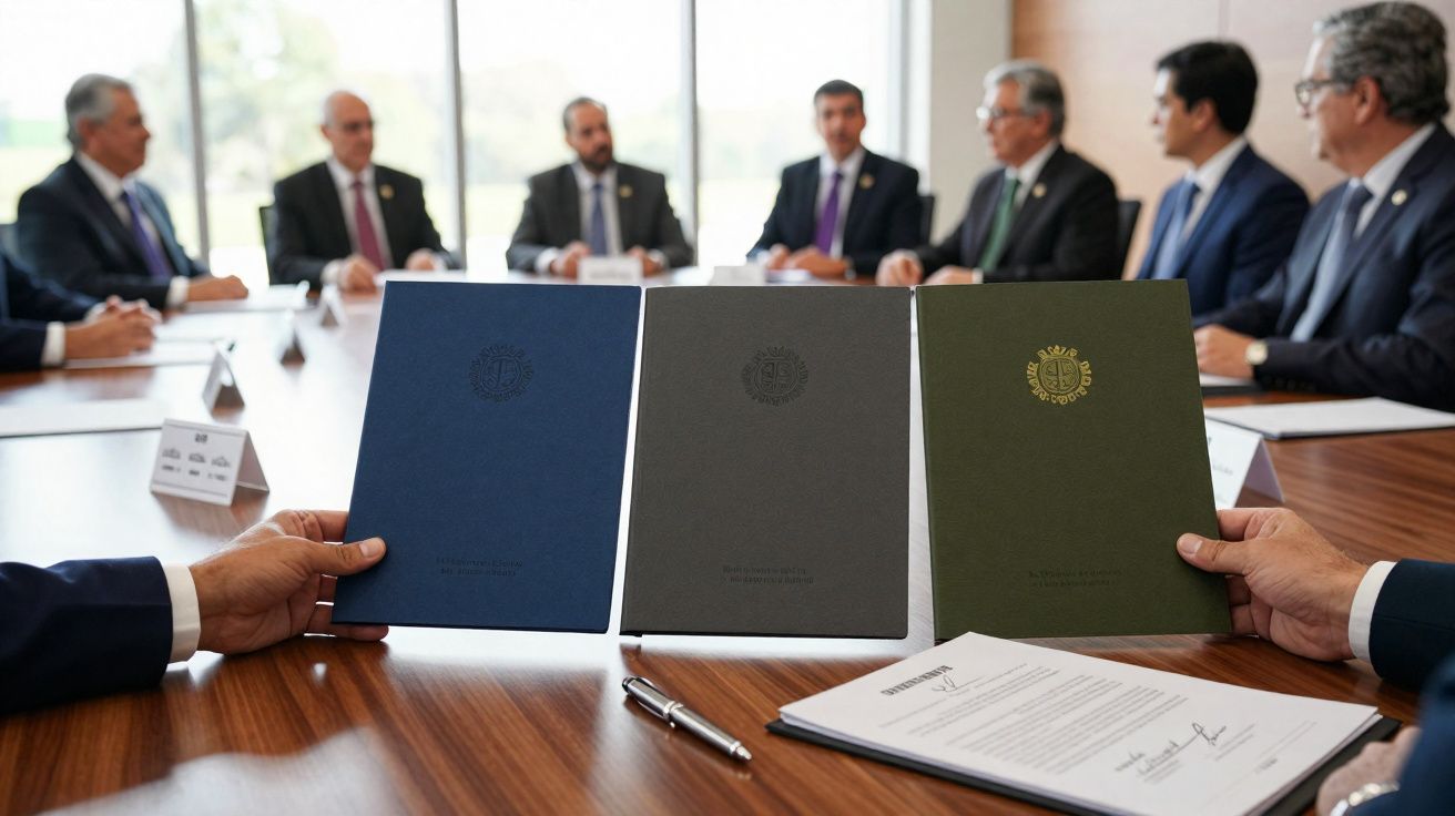 Mãos segurando três pastas coloridas enquanto pessoas reunidas discutem em redor de mesa de reunião.