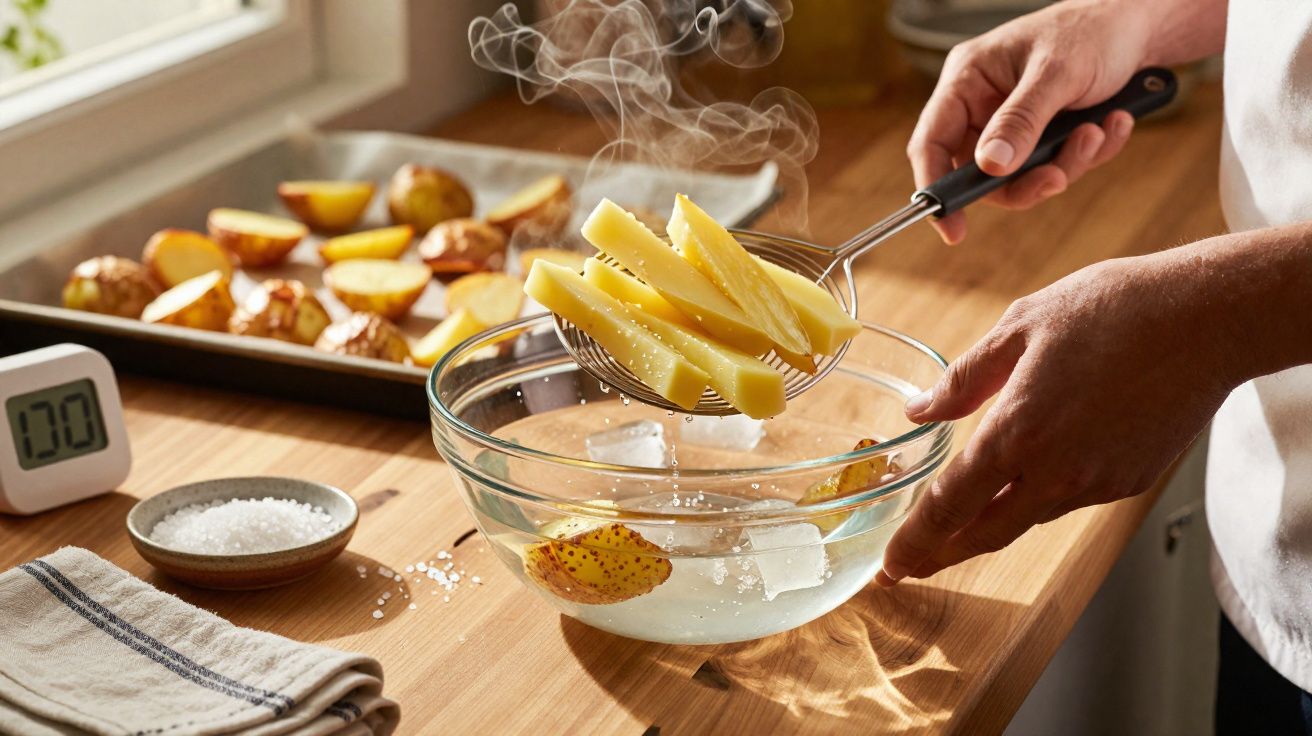 Mãos a mergulhar batatas fritas em água fria com gelo numa taça de vidro numa bancada de madeira.