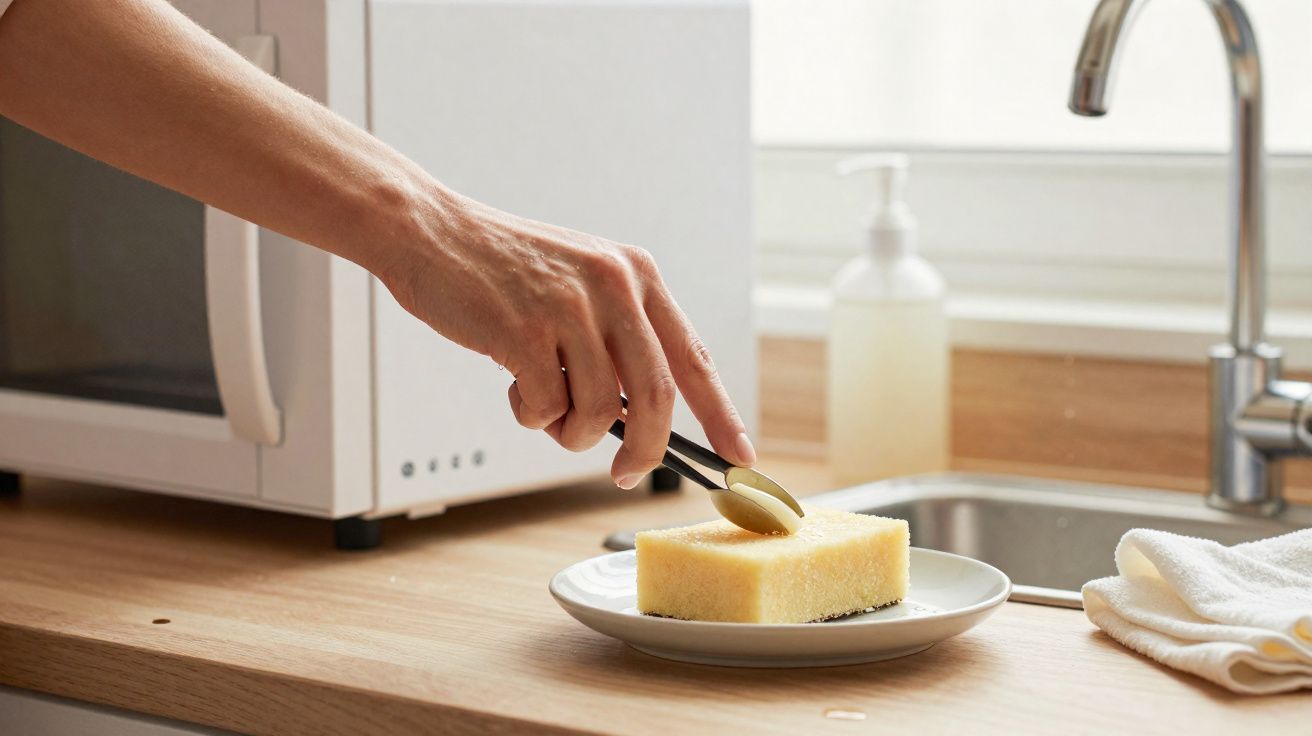 Pessoa a colocar um comprimido efervescente numa esponja numa cozinha com micro-ondas e pia ao fundo.