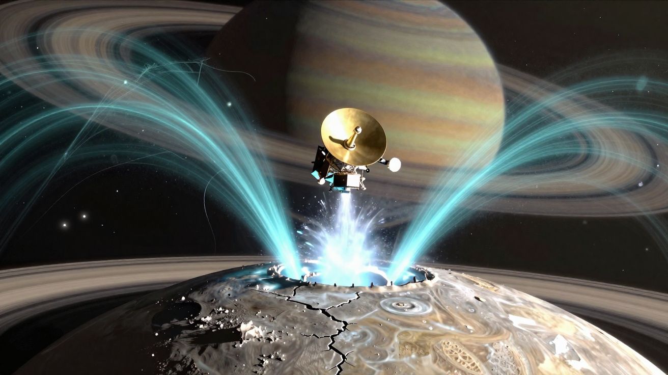 Sonda espacial sobrevoa planeta com anéis, emitindo jatos de energia azul visíveis no espaço.