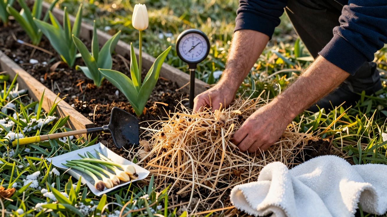 Pessoa a plantar tulipas brancas num canteiro com termómetro e ferramentas de jardinagem à volta.