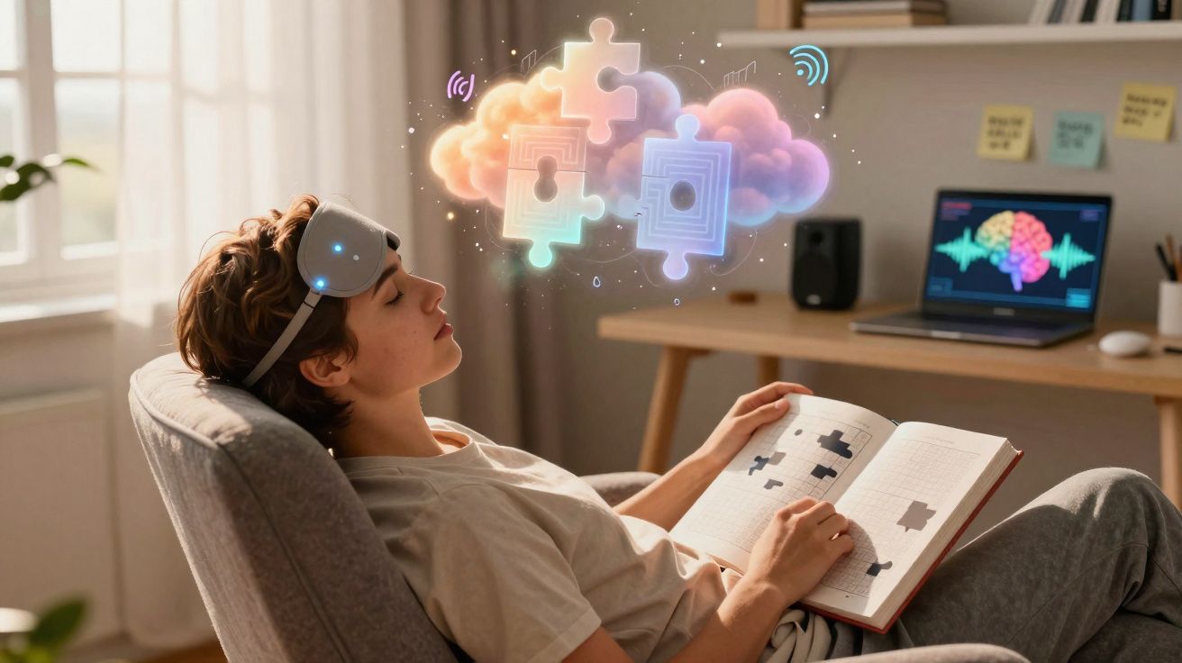 Pessoa com máscara de descanso cerebral, sentada a ler livro com nuvem digital e cadeados flutuantes.