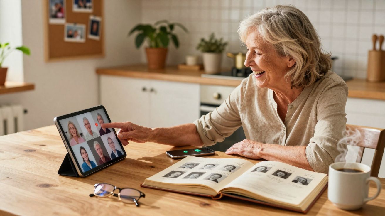 Mulher madura sorridente usa tablet para videoconferência enquanto consulta álbum de fotografias à mesa.