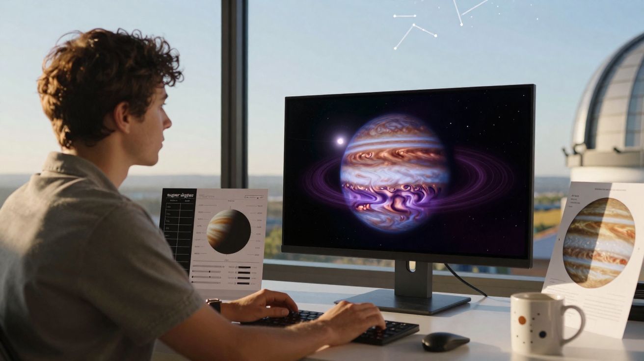 Jovem a observar uma representação digital de Júpiter num computador, com fichas informativas à sua frente.