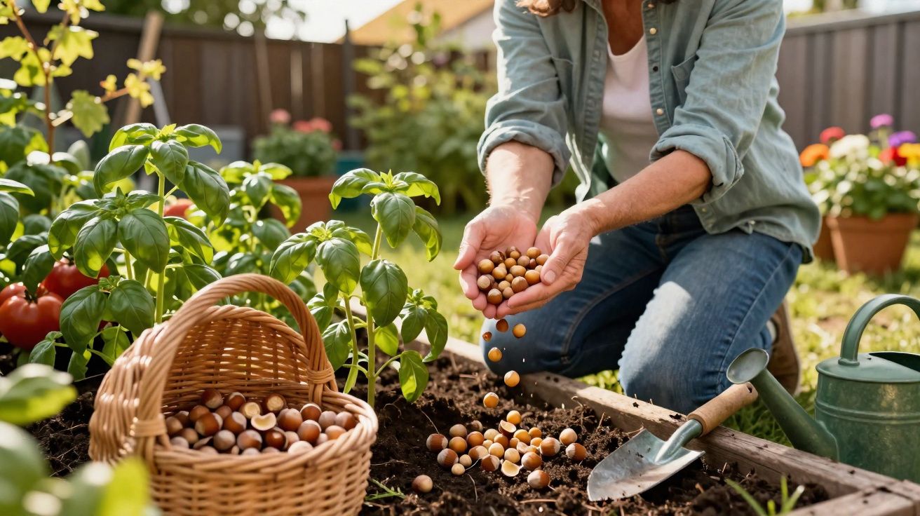 Pessoa a semear sementes num canteiro de jardim com regador, enxada e cesto de avelãs ao lado.