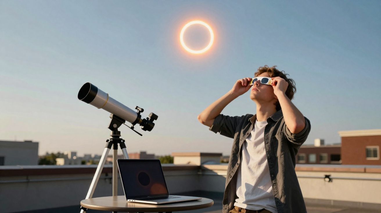 Jovem observa eclipse solar com óculos especiais, ao lado de telescópio e computador num terraço.