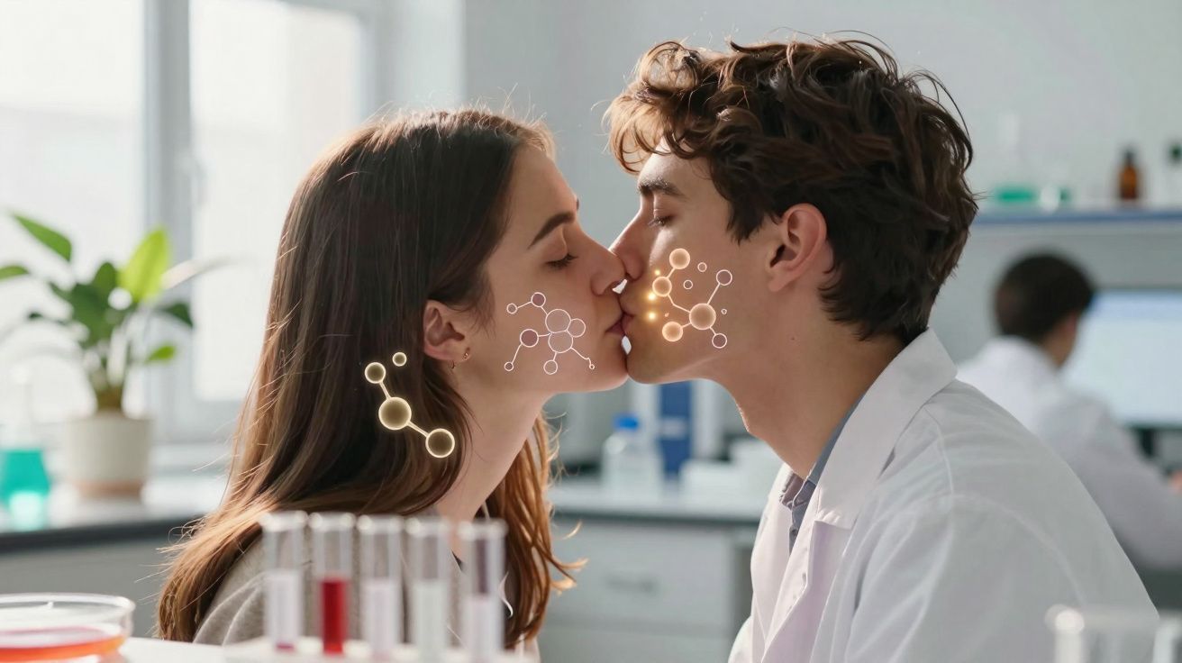 Casal de jovens investigadores a beijar-se num laboratório com fórmulas químicas digitais na face.