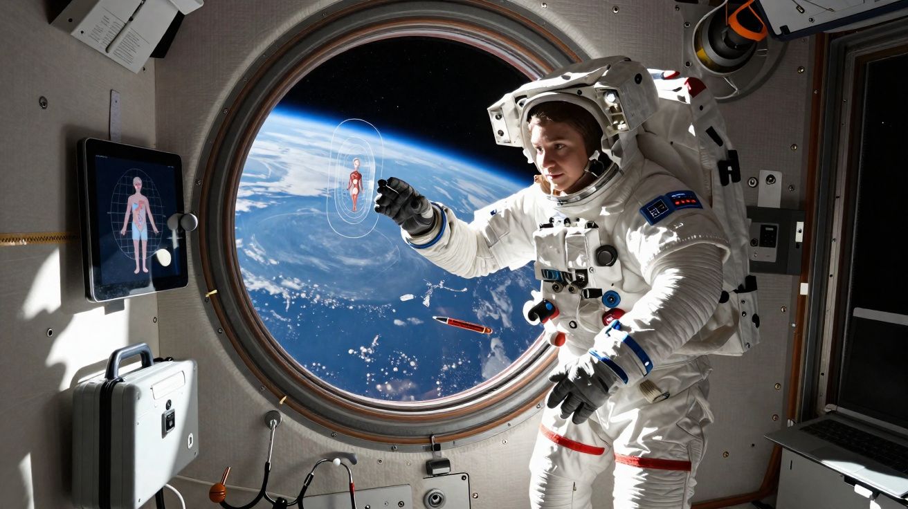 Astronauta em espaço, junto a janela com vista para a Terra, interagindo com holograma de figura humana.