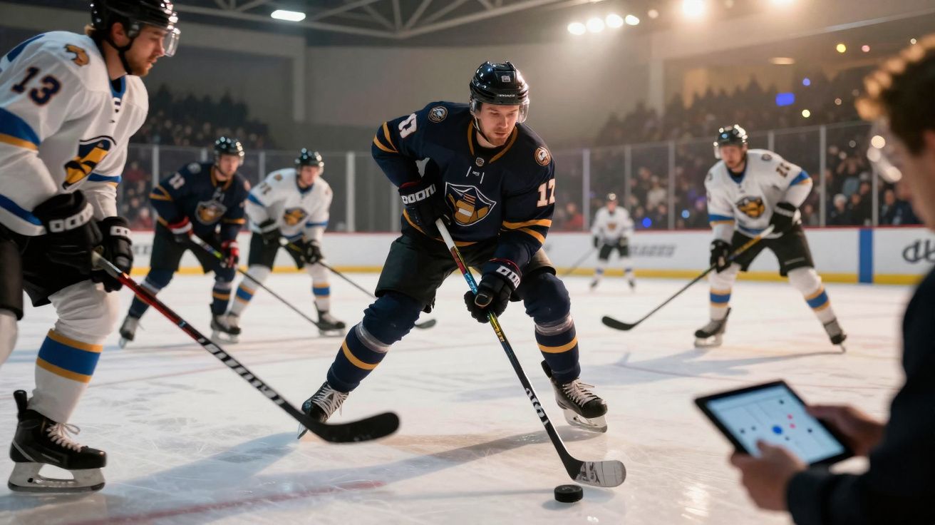 Jogadores de hóquei no gelo em ação durante jogo, com treinador a observar tática num tablet.