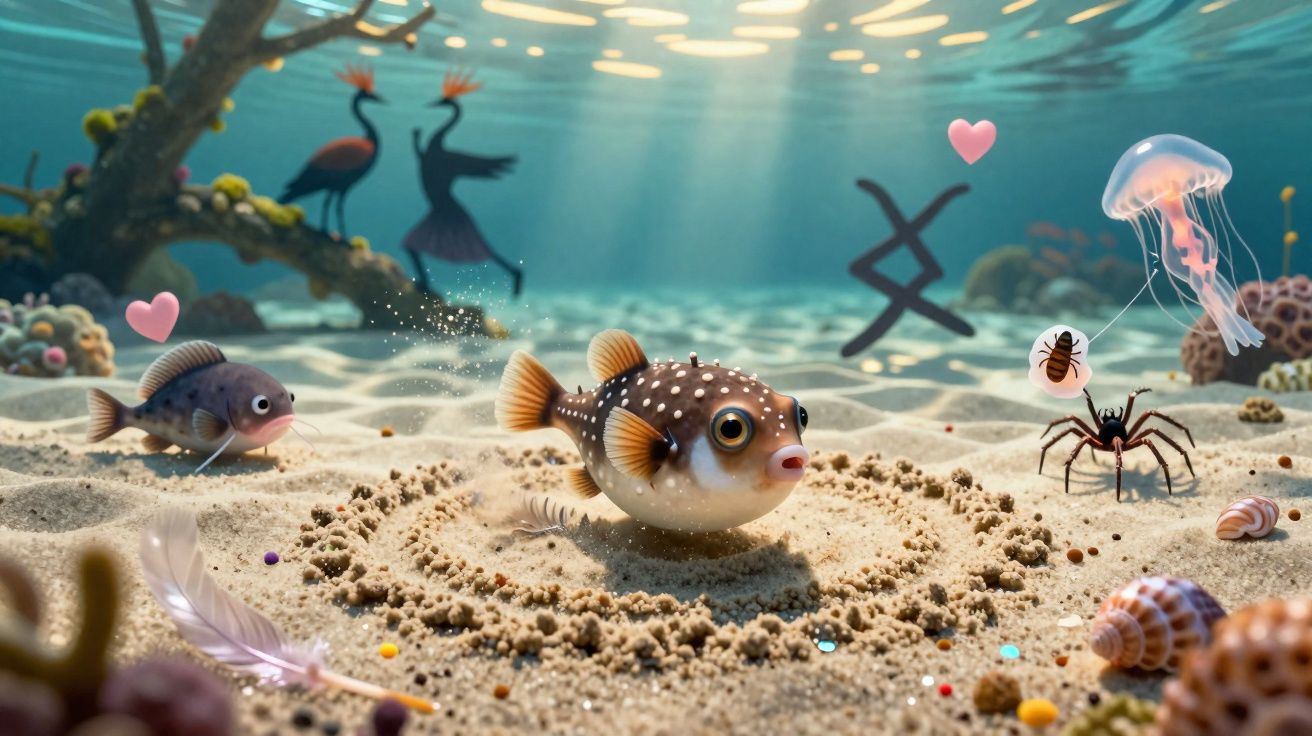 Peixes e criaturas marinhas animadas num fundo arenoso com corações e luzes debaixo de água.
