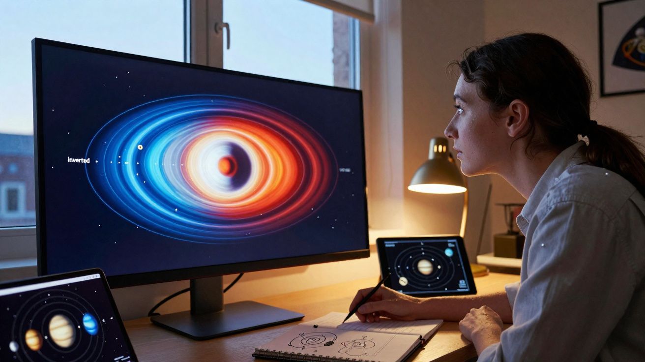 Mulher a estudar sistemas solares em computador, tablet e caderno num ambiente de trabalho junto à janela.