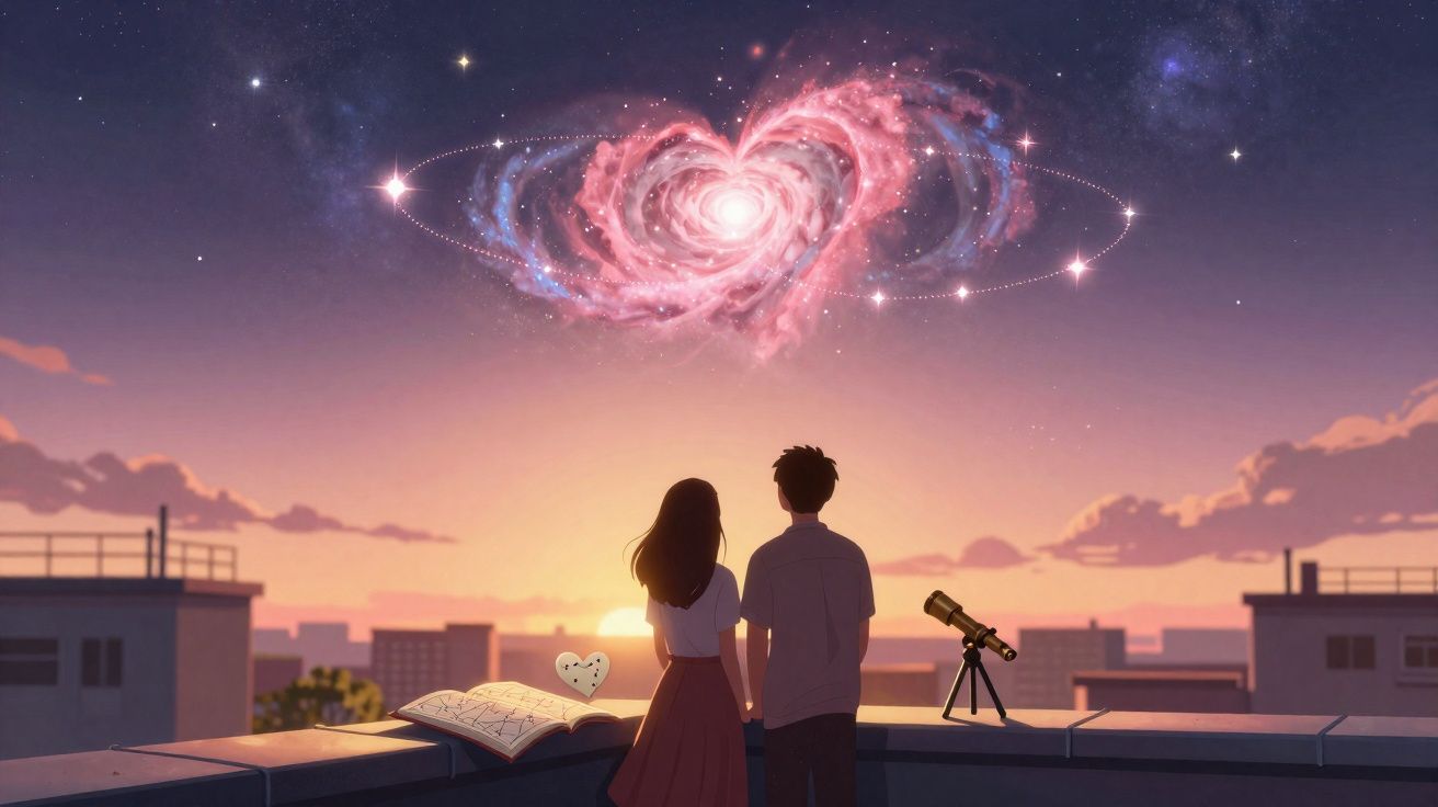 Casal observa galáxia em forma de coração ao pôr do sol no terraço com livro e telescópio.