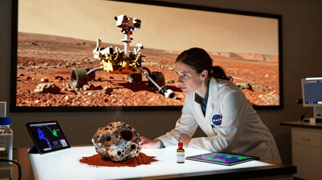 Cientista da NASA analisa meteorito em laboratório com imagem de rover marciano ao fundo.
