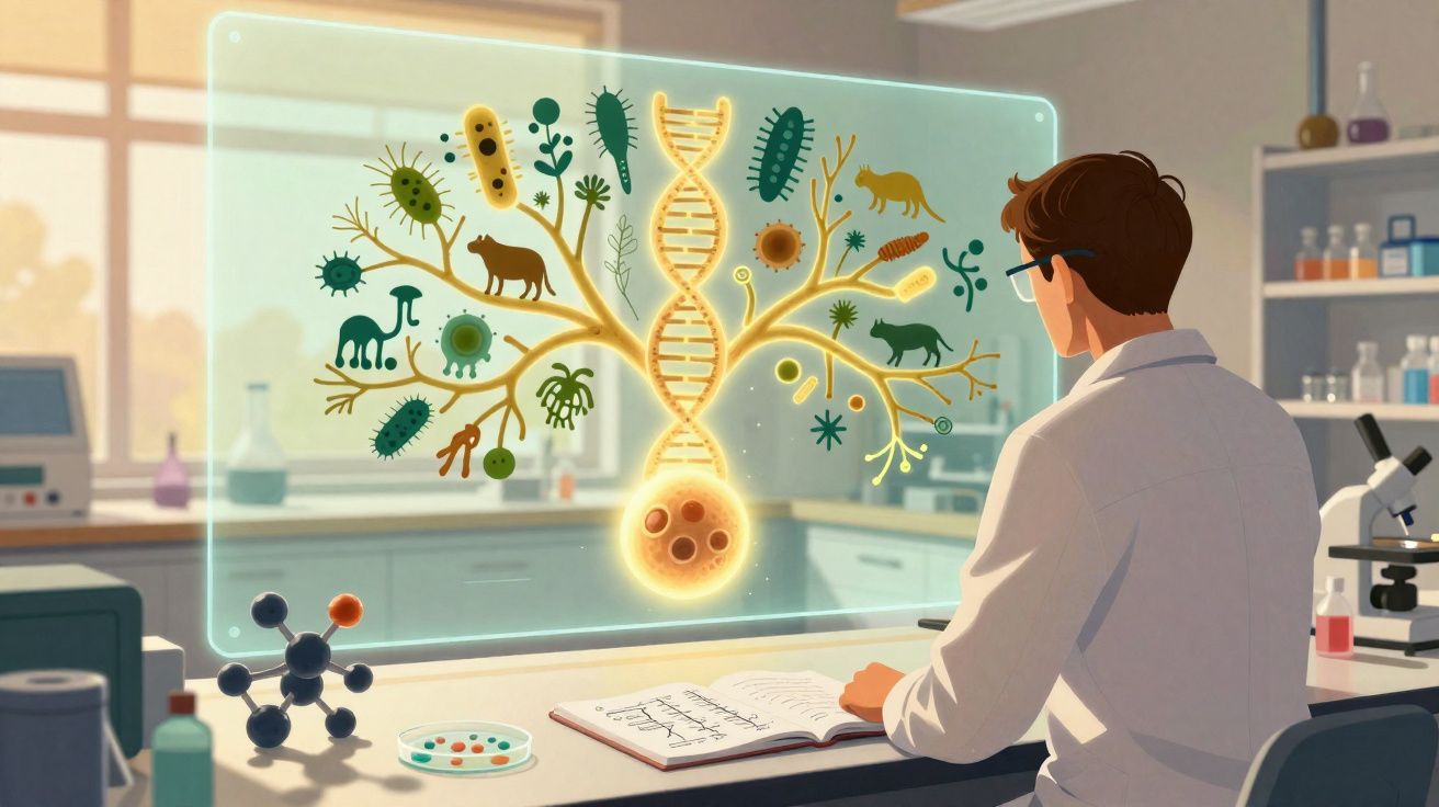 Cientista analisa holograma de árvore genealógica evolutiva com DNA e diferentes espécies num laboratório moderno.
